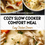 Bowl of slow cooker chicken and dumplings with tender chicken and fluffy biscuits in creamy broth.